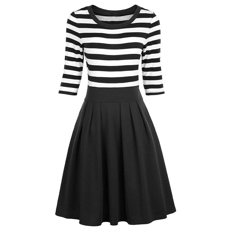 メガリテイラー レディース トップス 衣装 MIDI MegaRetailer Elegant 3/4 Sleeve Striped Midi Dress for Women Black And White Strips 白いこと