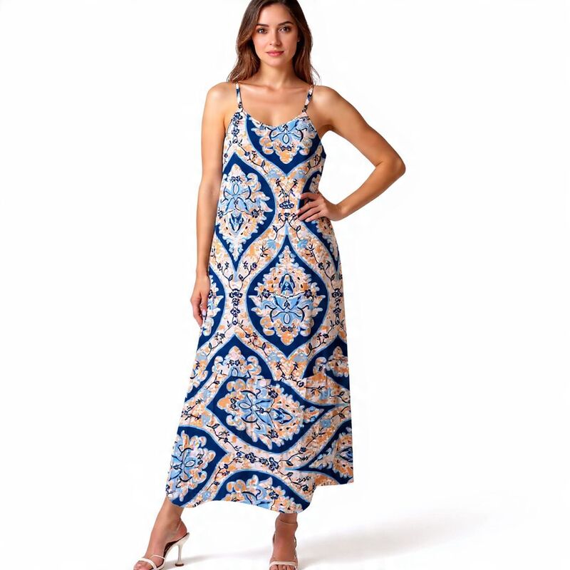 メガリテイラー レディース トップス 衣装 御花柄 御花 MegaRetailer Floral Spaghetti Strap Summer Sun Dress Blue 青色