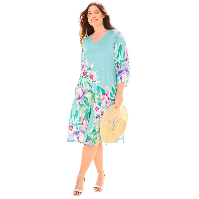 キャサリンズ レディース トップス 衣装 Vのど首 足し加える大きさ Catherines Women\u0027s Plusize Angel Sleeve V-Neck Shift Dress Aqua Placed Hibiscus アクア