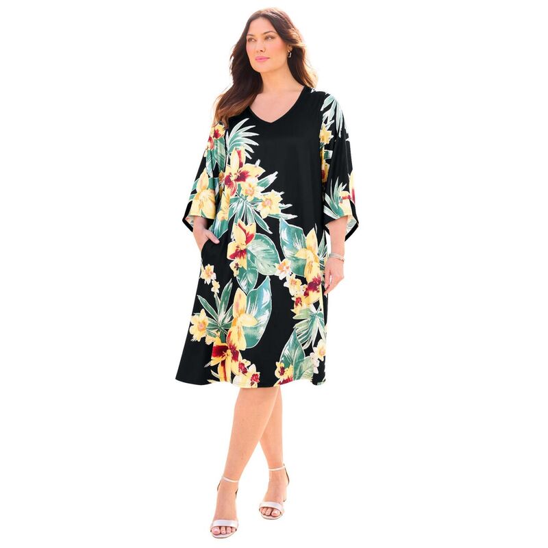 キャサリンズ レディース トップス 衣装 Vのど首 足し加える大きさ Catherines Women\u0027s Plusize Angel Sleeve V-Neck Shift Dress Black Placed Hibiscus 黒いこと