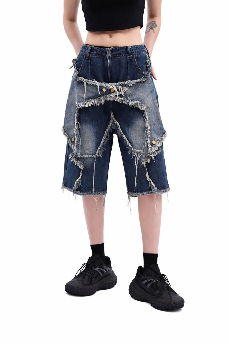 メガリテイラー レディース ボトムス 二分の一ズボン下・さる股引き 遊撃手ズボン下 ジーンズ MegaRetailer Loose Fit Star Patch Denim Shorts Blue 青色