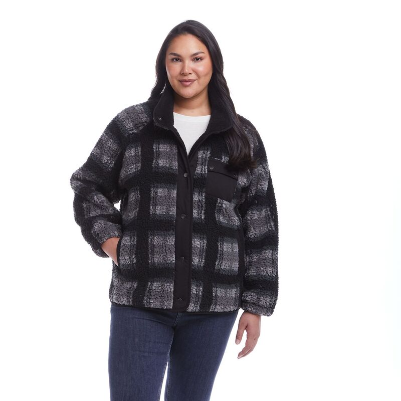 ウェザーキャスト レディース アウター ジャケット・ブルゾン プラスサイズ フリース Plusize Weathercast Snap Front Bonded Sherpa Fleece Jacket Charcoal Plaid チャコール|ReVida 店