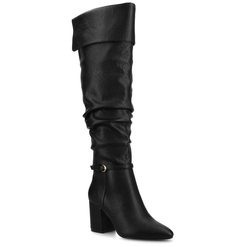 周遊 レディース シューズ ブーツ・レインブーツ 踵 Journee Floretta Women\u0027s Almond Toe Stacked Heel Over-the-Knee Boots Black 黒いこと