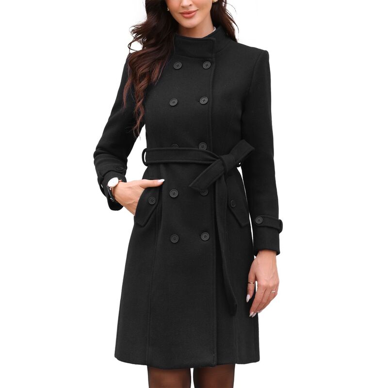 インスパイア 今めかしい レディース アウター 上衣・上衣 厚地の外套 INSPIRE CHIC Double Breasted Trench Pea Coat for Womens Elegant Long Sleeve Winter Outerwear with Pockets Black 黒いこと