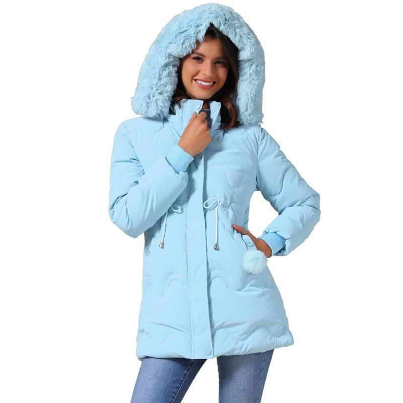 インスパイア 今めかしい レディース アウター 上衣・上衣 パーカー 厚地の外套 INSPIRE CHIC Women\u0027s Winter Thicken Puffer Coat Faux Furemovable Hood Warm Parka Jacket Light Blue 青み