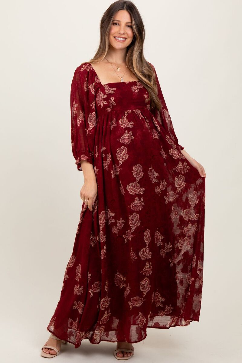 サクラ色毛はらい レディース トップス 衣装 御花柄 マタニティ マキシ 御花 PinkBlush Maternity Multi Floral Textured Peasant Babydoll Maxi Dress Burgundy バーガンディ