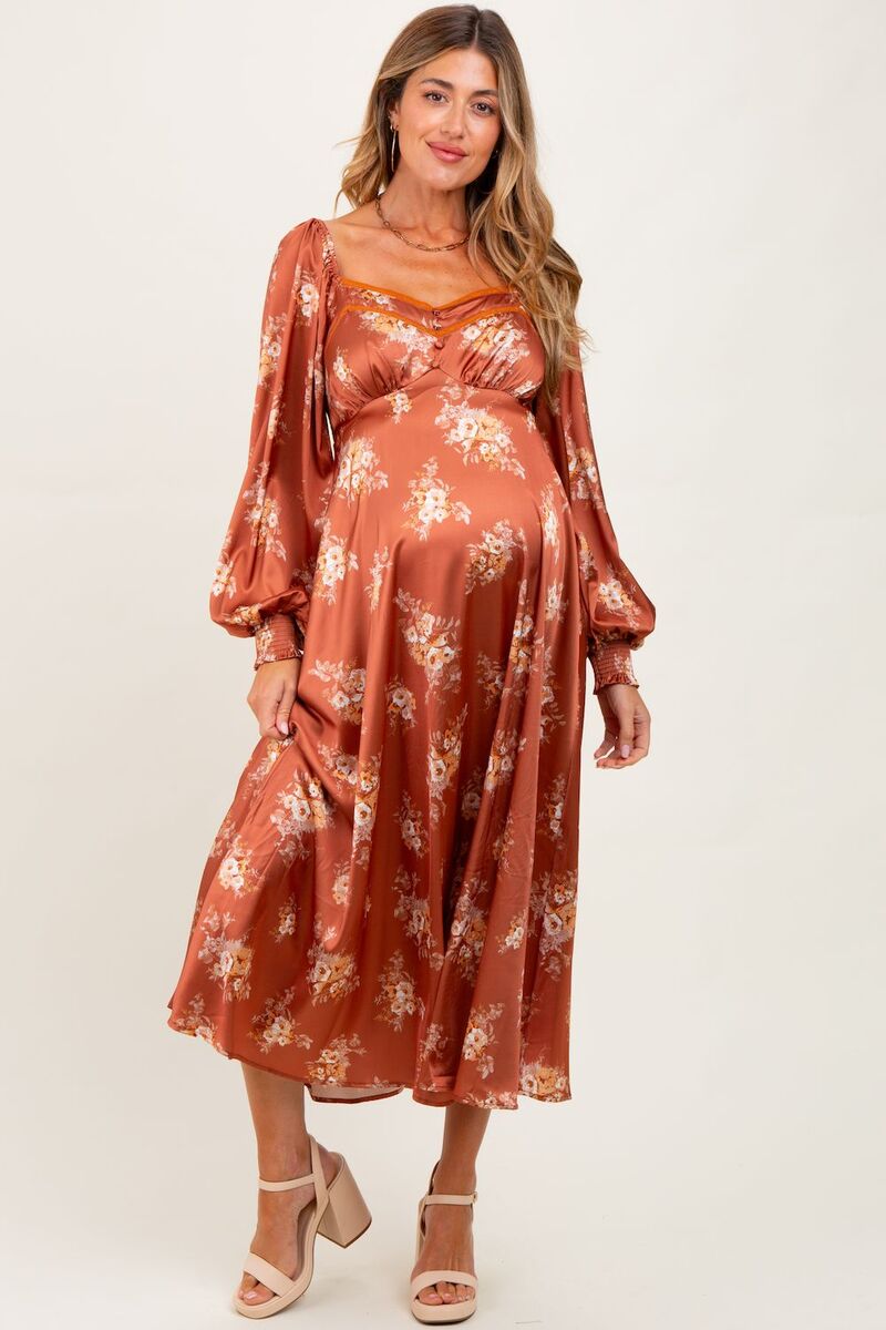 サクラ色毛はらい レディース トップス 衣装 御花柄 MIDI 繻子 マタニティ 御花 PinkBlush Maternity Satin Floral Bubble Sleeve Midi Dress Rust 挙げ句の果て