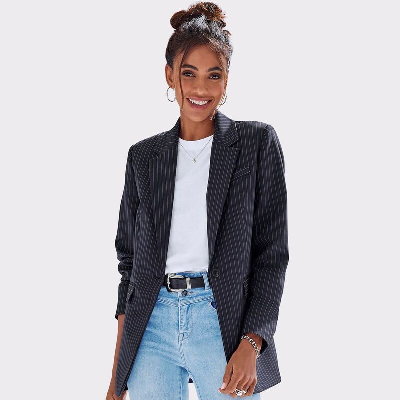 ラスカーナ レディース アウター 上衣・上衣 スポーツジャケット Lascana Women\u0027s Pinstripe Oversized Blazer Navy Ivory 象牙色
