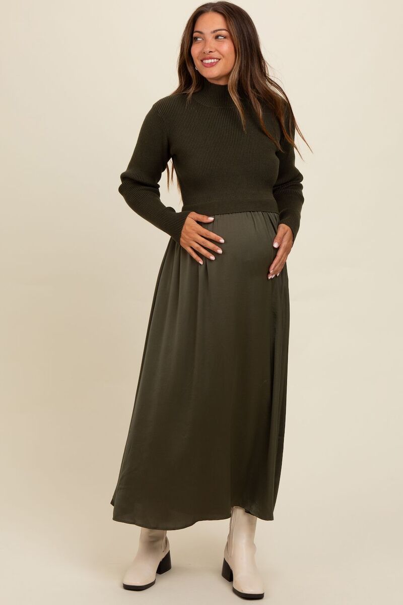 ピンクブラッシュ レディース トップス ワンピース ミディ サテン コントラスト ニット マタニティ PinkBlush Maternity Knit Contrastop Satin Midi Dress Olive Green グリーン|ReVida 店