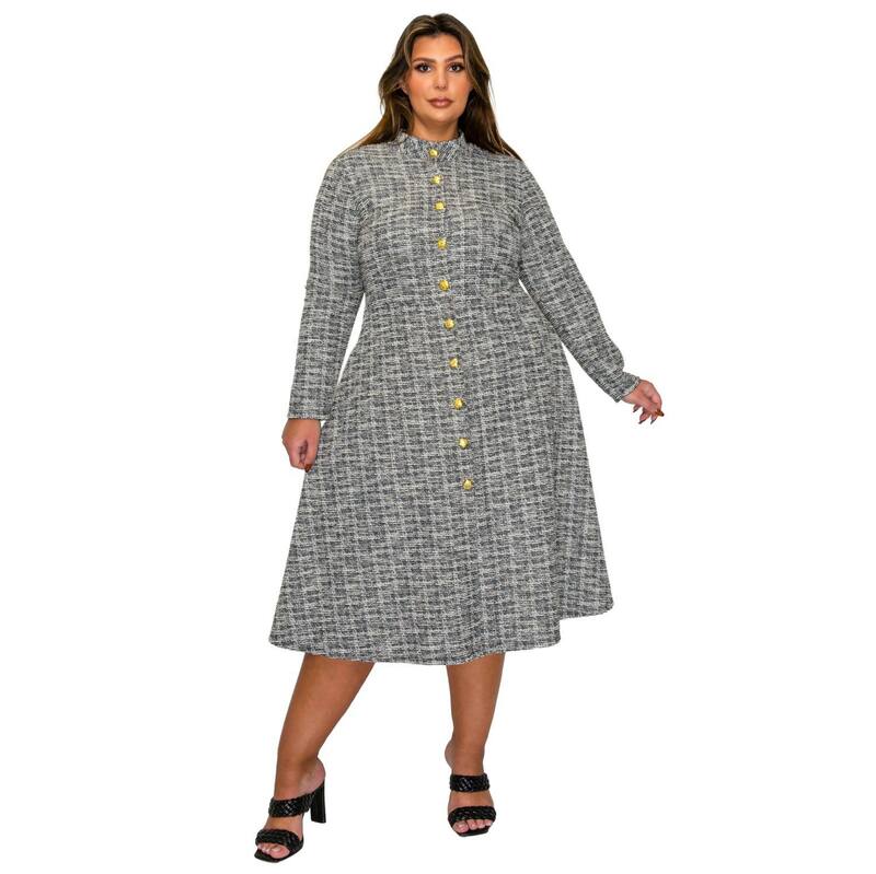 リブド レディース トップス 衣装 足し加える大きさ ツィード チェルシー L I V D Plusize Chelsea Tweed Button Dress Black 黒いこと