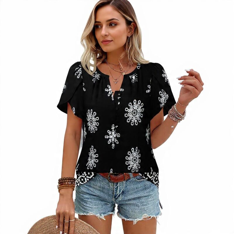 メガリテイラー レディース トップス プルオーバー 御花柄 御花 MegaRetailer Women\u0027summer Floral Button-Up Shirt Black 黒いこと