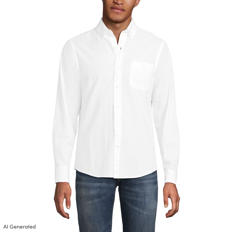 ランズエンド レディース トップス Tシャツ Men's Lands' End Long Sleeve Seersucker Shirt White ホワイト|ReVida 店