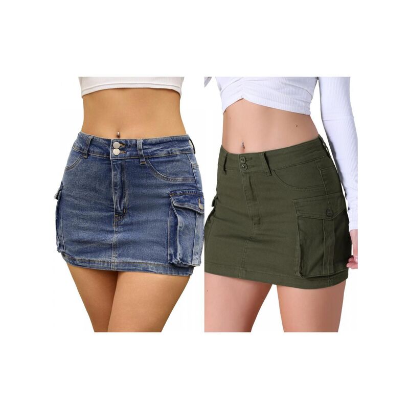 インスパイア 今めかしい レディース 下つ方スコート ミニ ジーンズ INSPIRE CHIC 2 Packs Women\u0027s Cargo Denim Skirtstretch Flapockets Button Bodycon Mini Jean Skort Blue Army Green 青色