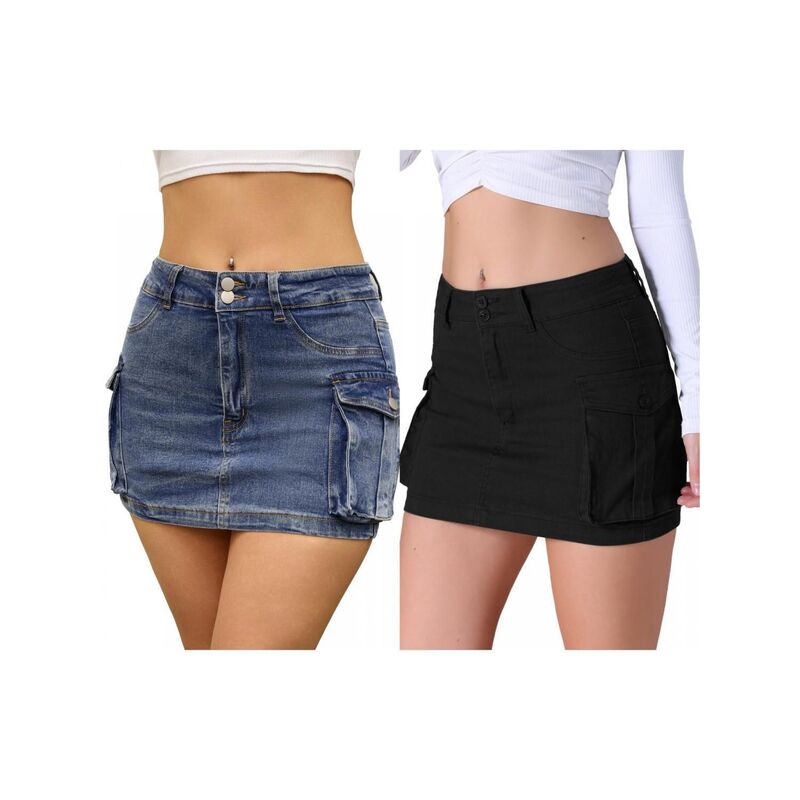 インスパイア 今めかしい レディース 下つ方スコート ミニ ジーンズ INSPIRE CHIC 2 Packs Women\u0027s Cargo Denim Skirtstretch Flapockets Button Bodycon Mini Jean Skort Blue Black 黒いこと