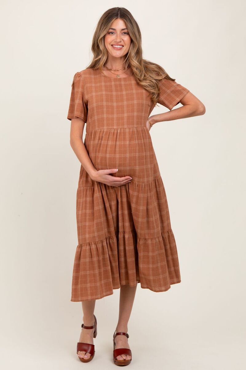 ピンクブラッシュ レディース トップス ワンピース ティアード マタニティ PinkBlush Maternity Plaid Tiered Short Sleeve Dress Rust ラスト｜ReVida 店