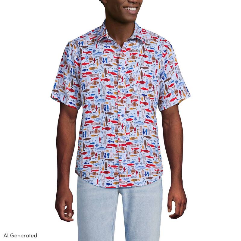 ランズ挙げ句の果て レディース トップス プルオーバー 落ちこむ リネン Men\u0027s Lands\u0027 End Traditional-Fit Linen Button-Down Shirt Cherry Fish Sky Blue 青色
