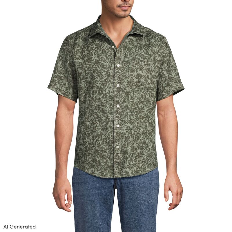 ランズ挙げ句の果て レディース トップス プルオーバー 落ちこむ リネン Men\u0027s Lands\u0027 End Traditional-Fit Linen Button-Down Shirt Forest Moss Palms フォレスト