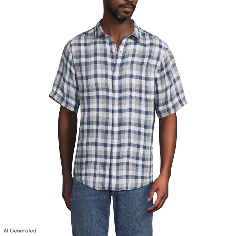 ランズ挙げ句の果て レディース トップス プルオーバー 落ちこむ リネン Men\u0027s Lands\u0027 End Traditional-Fit Linen Button-Down Shirt Indigo Blu Tan Plaid インディゴ
