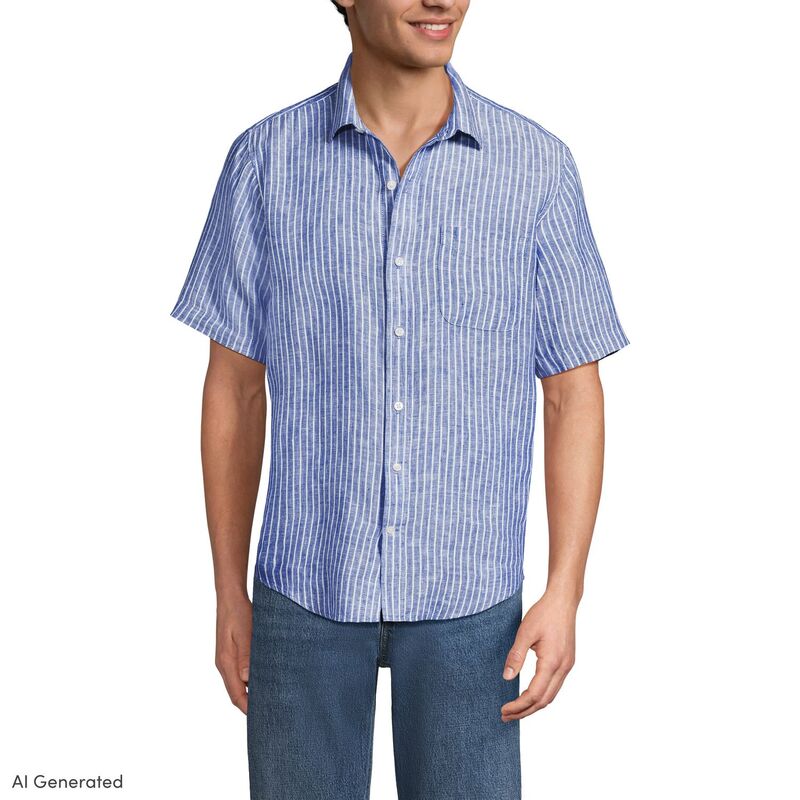 ランズ挙げ句の果て レディース トップス プルオーバー 落ちこむ リネン Men\u0027s Lands\u0027 End Traditional-Fit Linen Button-Down Shirt Pale Sapphire Stripe サファイア