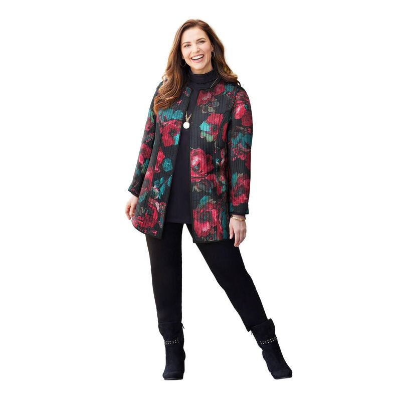 キャサリンズ レディース アウター ジャケット・ブルゾン プラスサイズ キルティング Catherines Women's Plusize Reversible Quilted Jacket Black Red Watercolor ブラック|ReVida 店
