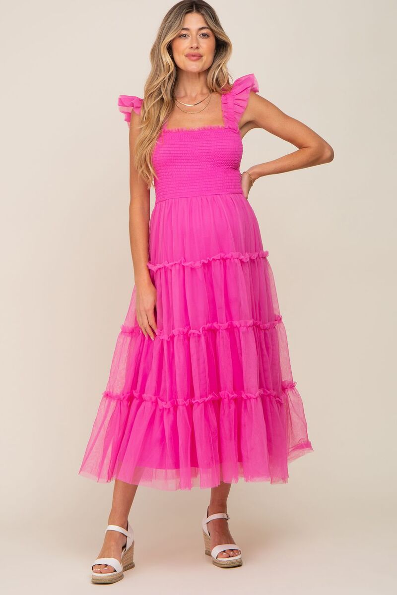 ピンクブラッシュ レディース トップス ワンピース フリル メッシュ ミディ シャーリング マタニティ PinkBlush Maternity Smocked Mesh Ruffle Accent Midi Dress Fuschia フューシャ|ReVida 店