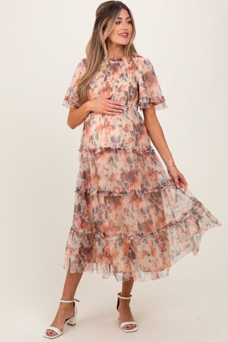 ピンクブラッシュ レディース トップス ワンピース フラワー柄 メッシュ ミディ シャーリング マタニティ フラワー PinkBlush Maternity Floral Mesh Smocked Midi Dress Peach ピーチ｜ReVida 店
