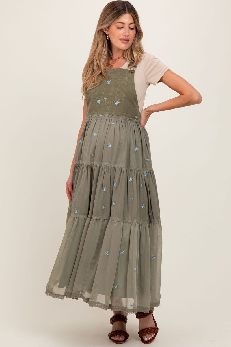 サクラ色毛はらい レディース 下つ方スコート 御花柄 トール 刺しゅう マタニティ 御花 PinkBlush Maternity Embroidered Floral Skirtall Olive Green 緑であること