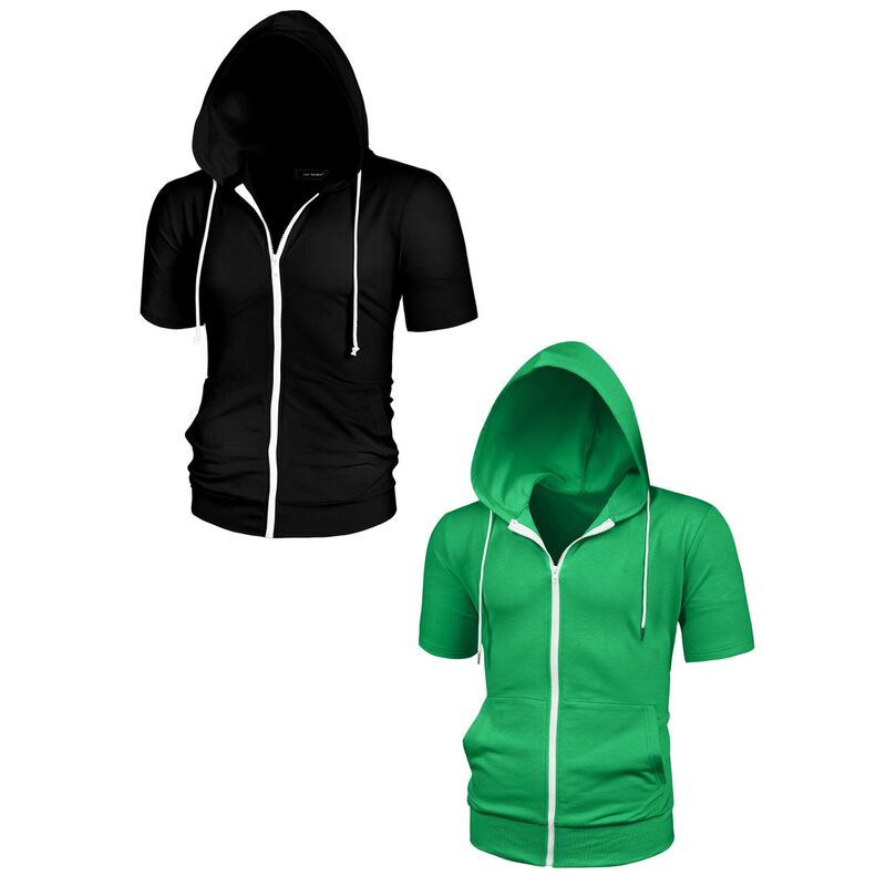 インスパイア 今めかしい レディース トップス プルオーバー パーカー 上衣 INSPIRE CHIC 2 Packs Men\u0027s Hoodiesolid Color Zip Up Short Sleeve Jackets withood Black Bright Green 黒いこと