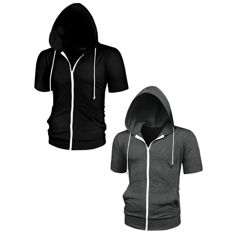 インスパイア 今めかしい レディース トップス プルオーバー パーカー 上衣 INSPIRE CHIC 2 Packs Men\u0027s Hoodiesolid Color Zip Up Short Sleeve Jackets withood Black Dark Gray 黒いこと
