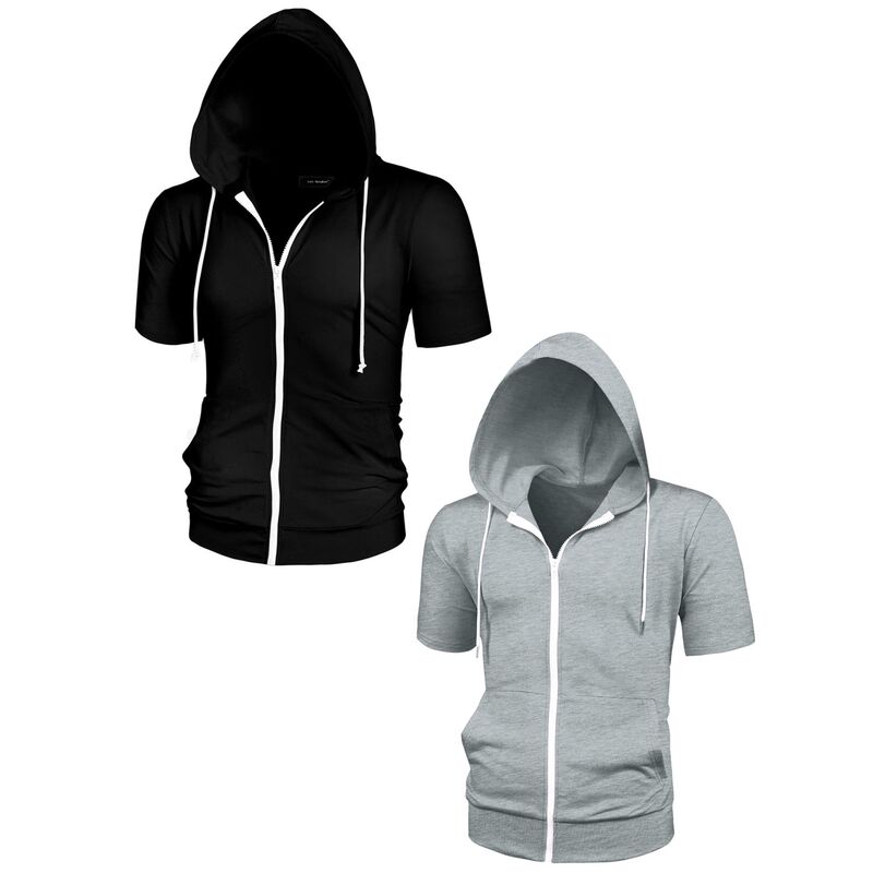 インスパイア 今めかしい レディース トップス プルオーバー パーカー 上衣 INSPIRE CHIC 2 Packs Men\u0027s Hoodiesolid Color Zip Up Short Sleeve Jackets withood Black Gray 黒いこと