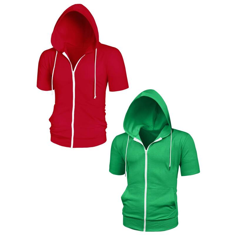 インスパイア 今めかしい レディース トップス プルオーバー パーカー 上衣 INSPIRE CHIC 2 Packs Men\u0027s Hoodiesolid Color Zip Up Short Sleeve Jackets withood Bright Green Red 赤いこと