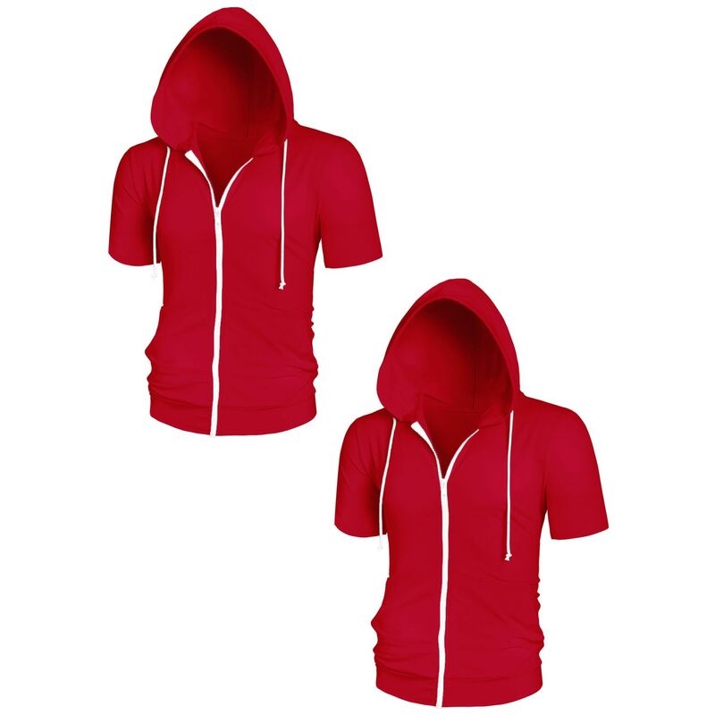 インスパイア 今めかしい レディース トップス プルオーバー パーカー 上衣 INSPIRE CHIC 2 Packs Men\u0027s Hoodiesolid Color Zip Up Short Sleeve Jackets withood Red 赤いこと