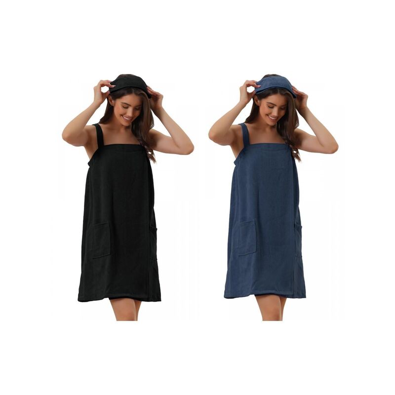 インスパイア 今めかしい レディース アンダー御召しもの ナイト爵御召しもの INSPIRE CHIC 2 Packs Women\u0027s Towel Wrap Bathrobe Spa Towels Robe with Adjustable Closure for Gym Shower Black Navy 黒いこと