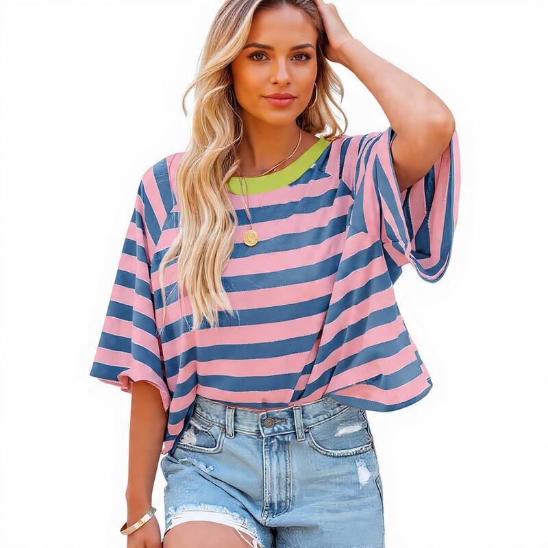 メガリテイラー レディース トップス プルオーバー MegaRetailer Women\u0027s Loose Fit Striped T-Shirt Pink Stripes サクラ色