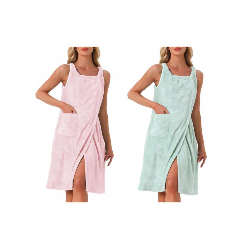 インスパイア 今めかしい レディース アンダー御召しもの ナイト爵御召しもの ひざ丈 ノースリーブ INSPIRE CHIC 2 Packs Women\u0027s Bath Robe Sleevelessoft Lightweight Bathrobes Cute Knee Length Robe with Pockets Green Pink サクラ色