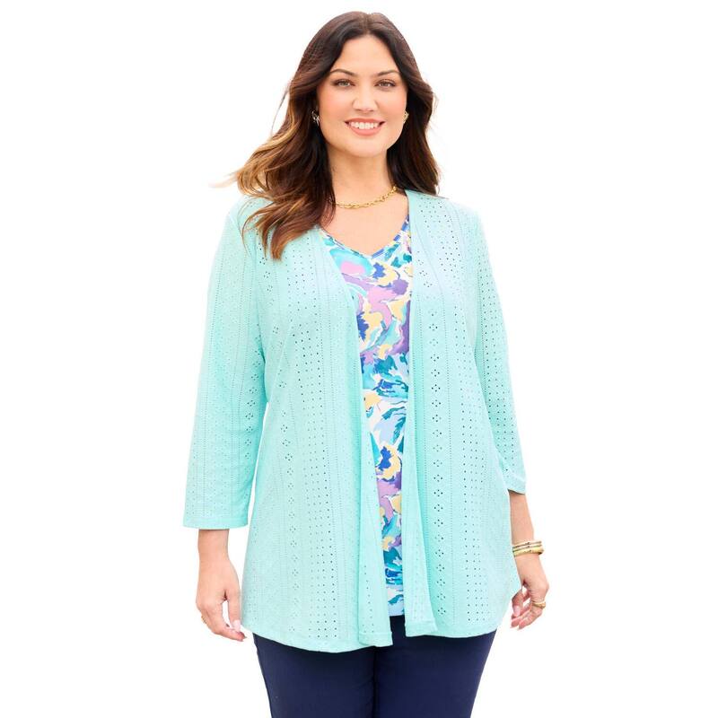 キャサリンズ レディース アウター 編み物・スウェーター 足し加える大きさ ジレー Catherines Women\u0027s Plusizeyelet Cardigan \u0026 Knitank Duet Blue Watercolor Burst 青色