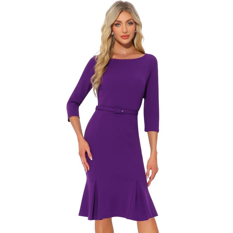 アレグラ ケー レディース トップス ワンピース プリーツ ミディ ALLEGRA K Business Elegant Dresses for Women's Boat Neck Half Sleeve Pleated Midi Dress Dark Purple パープル|ReVida 店