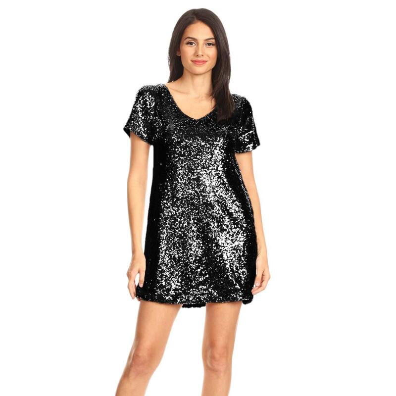 アンナカシ レディース トップス ワンピース ミニ Tシャツ スパンコール Anna-Kaci Women'sequin Shiftunic T-shirt Mini Dress Black ブラック｜ReVida 店
