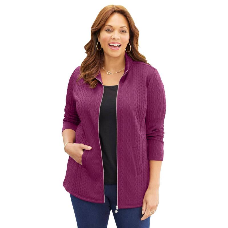 キャサリンズ レディース アウター 編み物・スウェーター 足し加える大きさ 上衣 Catherines Women\u0027s Plusize Zip-Front Cable Jacket Deep Berry