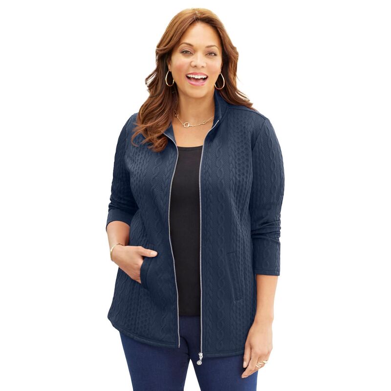 キャサリンズ レディース アウター 編み物・スウェーター 足し加える大きさ 上衣 Catherines Women\u0027s Plusize Zip-Front Cable Jacket Navy 米国海軍