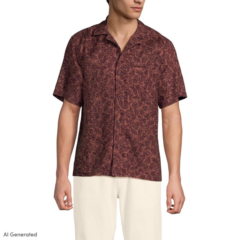 ランズ挙げ句の果て レディース トップス プルオーバー リネン Men\u0027s Lands\u0027 End Short Sleeve Linen Hawaiian Camp Collar Shirt Earthen Clay Palms