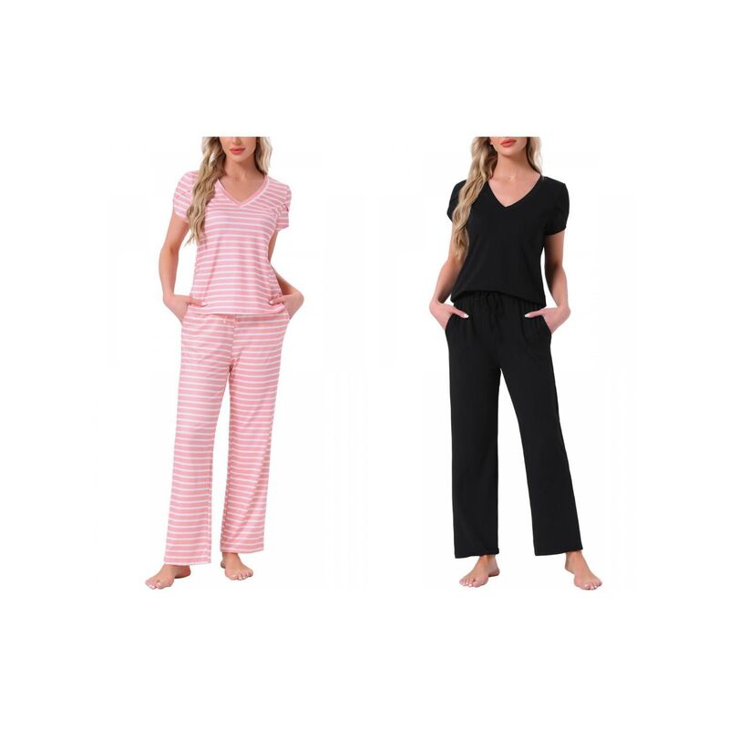 インスパイア 今めかしい レディース アンダー御召しもの ナイト爵御召しもの V素っ首 ズボン下 INSPIRE CHIC 2 Sets Women\u0027s Pajamas V Neck Short Sleeve Top with Drawstring Pantsleepwear Lounge Sets w Pockets Black Pink Striped 黒いこと