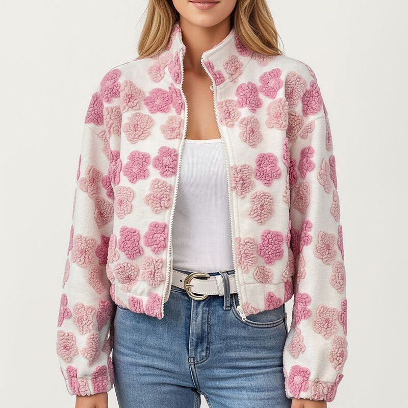 アンナカシ レディース アウター ジャケット・ブルゾン フラワー柄 フラワー Anna-Kaci Women's Zip-Up Jacket with 3D Floral Pattern and Elastic Hem Pink ピンク｜ReVida 店