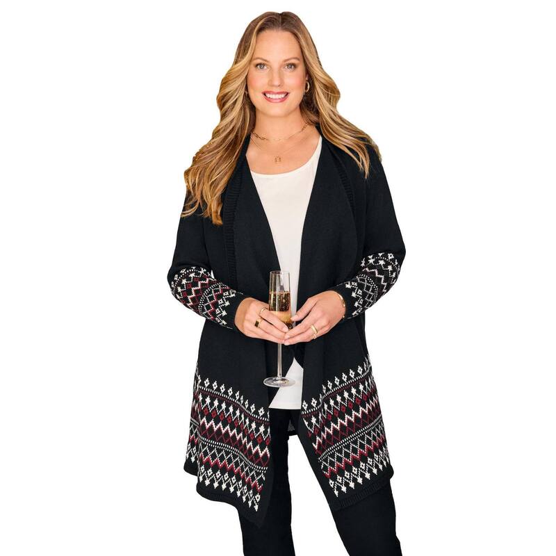 キャサリンズ レディース アウター 編み物・スウェーター 足し加える大きさ ジレー Catherines Women\u0027s Plusize Fair Isle Cascade Cardigan Black Fairisle Border 黒いこと