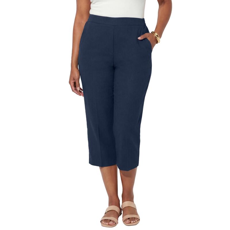 キャサリンズ レディース ボトムス カジュアルパンツ プラスサイズ Tシャツ キャップ Catherines Women's Plusize Pull-On Sateen Capri Navy ネイビー｜ReVida 店