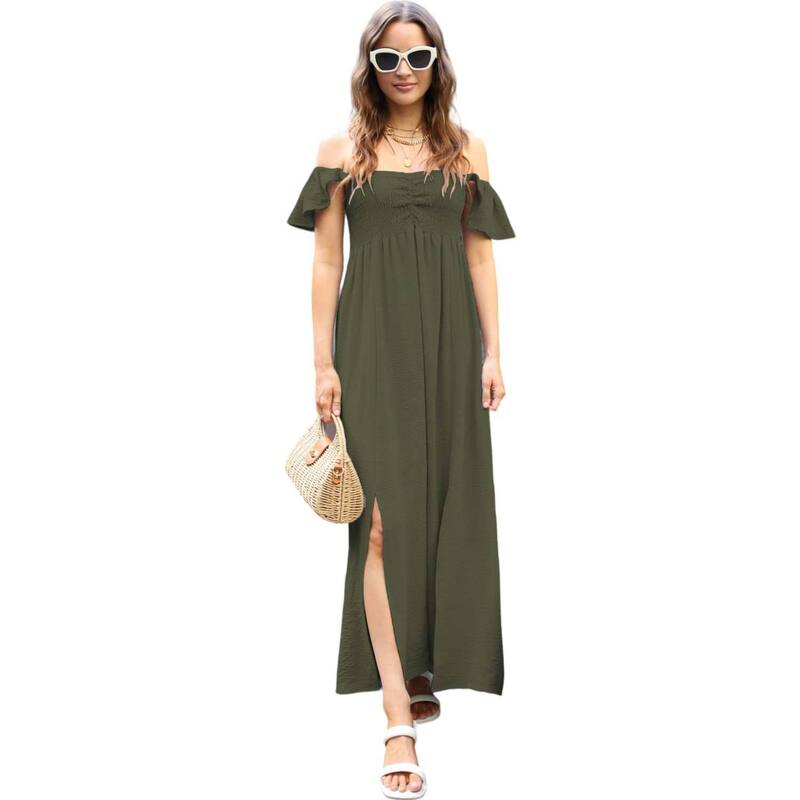 アンナカシ レディース トップス ワンピース シャーリング キャップ マキシ Anna-Kaci Women's Flutter Cap Sleeve Shirred Smocked Bodice Maxi Dress With Front Slits Olive Green グリーン｜ReVida 店 16,775円