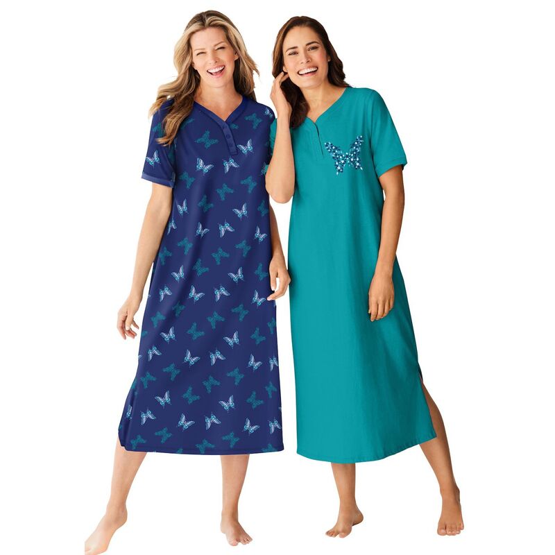 ドリームスアンドコー レディース アンダー御召しもの ナイト爵御召しもの つけ加える大きさ プルオーバー Dreams \u0026 Co. Plusize 2-Pack Long Henley Sleepshirt Evening Blue Butterfly 青み