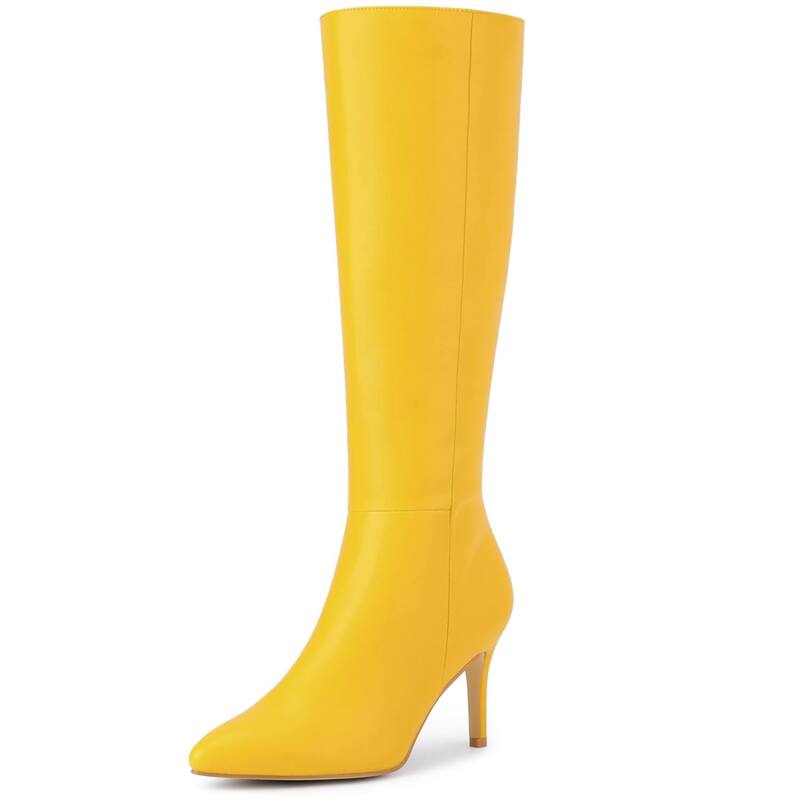 ブリスフルステップ レディース シューズ ブーツ・レインブーツ ヒール BLISSFUL STEP Higheels Pointed Toe Stiletto Heel Knee High Boots for Women Yellow イエロー｜ReVida 店