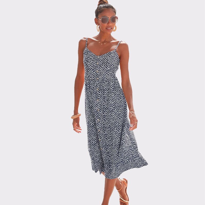 ラスカーナ レディース トップス ワンピース Lascana Women's Button Upanel Dress Navy Ivory アイボリー|ReVida 店