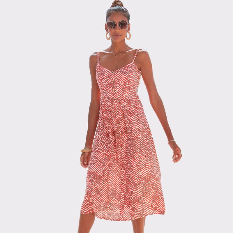 ラスカーナ レディース トップス ワンピース Lascana Women's Button Upanel Dress Red Ivory アイボリー|ReVida 店